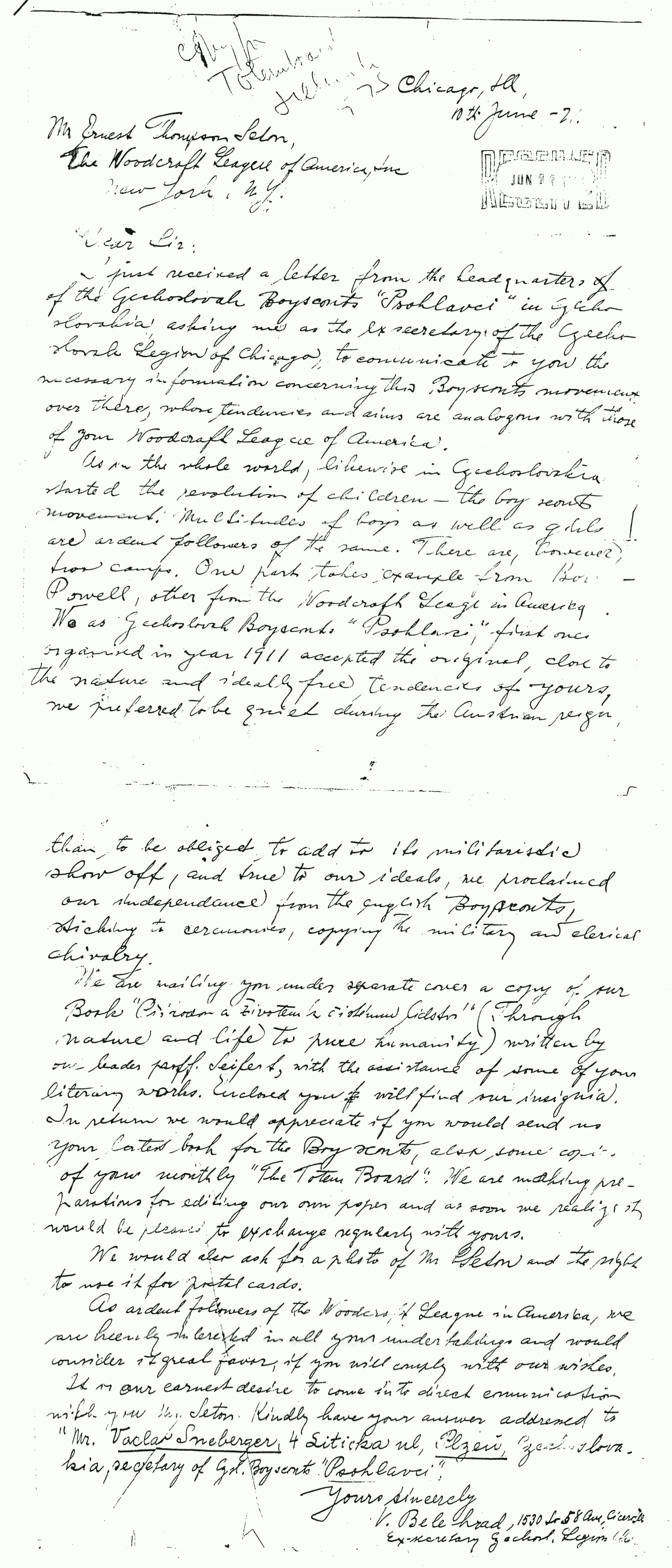 Dopis Vladimíra Bělehrada odeslaný Setonovi